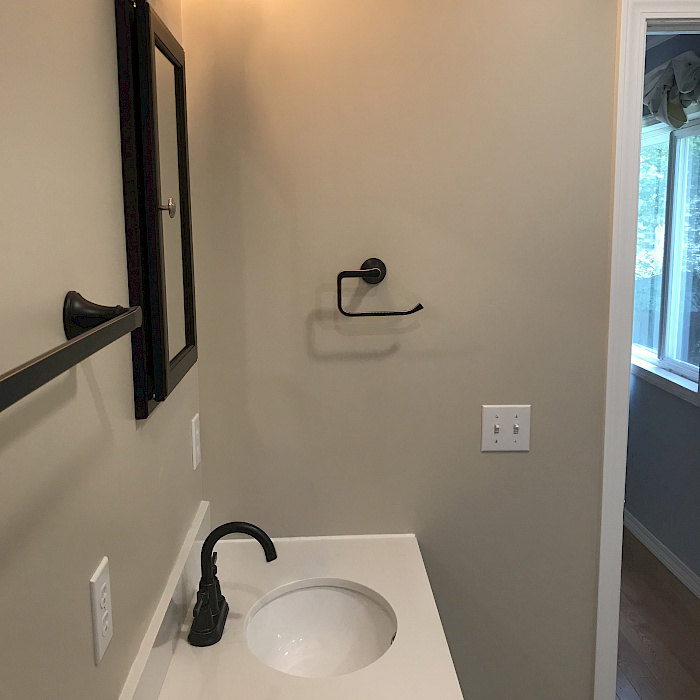 Bathroom vanity with a quartz countertop, undermount sink, bronze gooseneck faucet, and a framed mirror beneath a rustic light fixture.